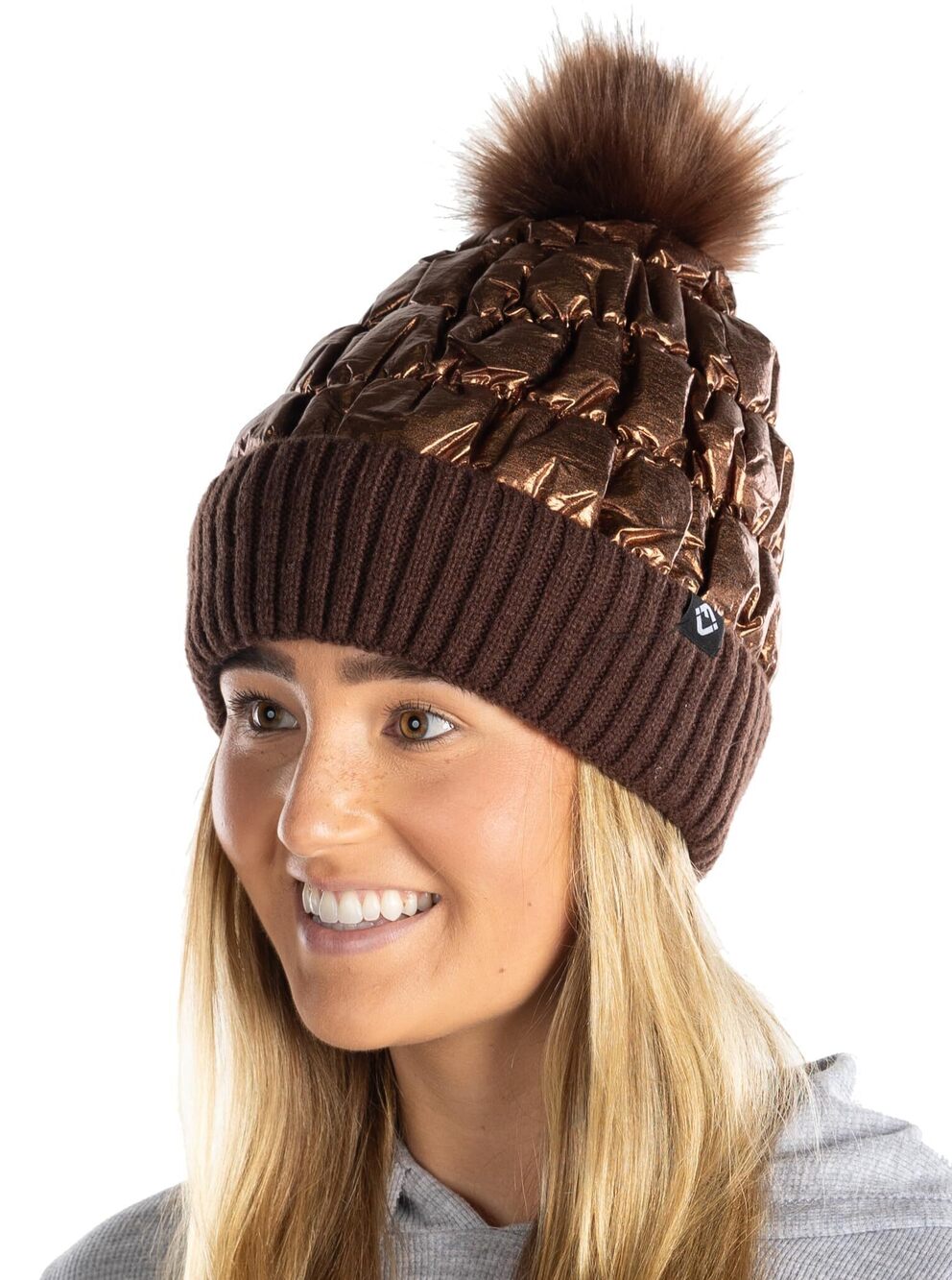 1016 Shiny Metallic Puffer Beanie with Faux Fur Pom Pom, Fleece Lined, Warm